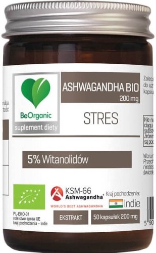 Ashwagandha BIO KSM-66 Indiase ginseng 200 mg 5% withanoliden Stress 50 capsules BeOrganic MedicaLine