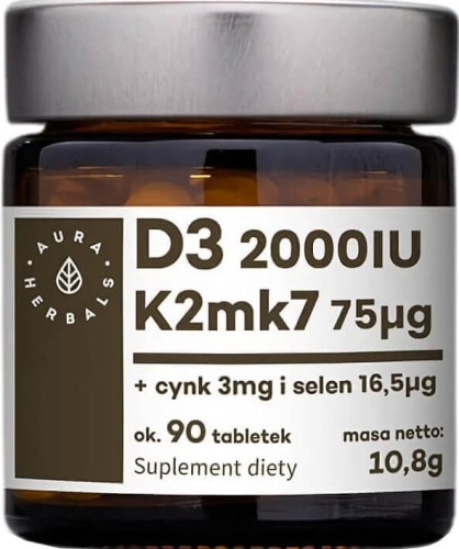 Vitamine D3 D-3 2000 IE + K2 K-2 75 µg + zink zink 3 mg + selenium selenium 16,5 µg 90 tabletten 10,8 g Aura Herbals