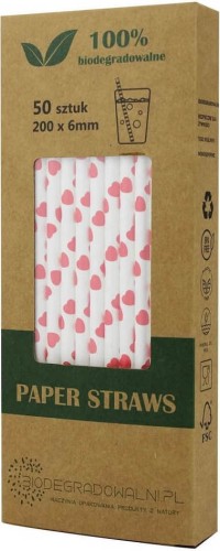 PAPER STRAWS RED HEARTS 50 pcs - BIODEGRADOWALNI