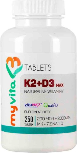 Vitamin K2 K-2 MK-7 K2MK7 MAX 200mcg + D3 D-3 2000IU 250 tablets MyVita