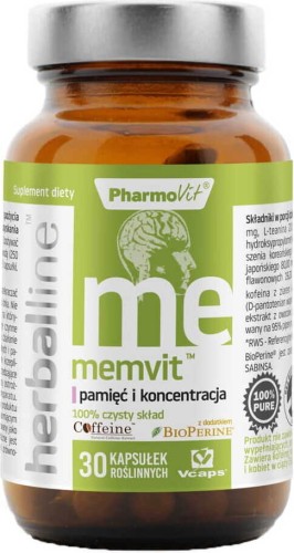 Memvit memory and focus with BioPerine and anhydrous caffeine 30 capsules Vcaps PharmoVit Herballine