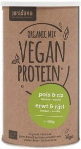 Erwten- en rijstproteïne-isolaat, banaan- en vanillesmaak, lactosevrij, glutenvrij BIO 400 g - Purasana