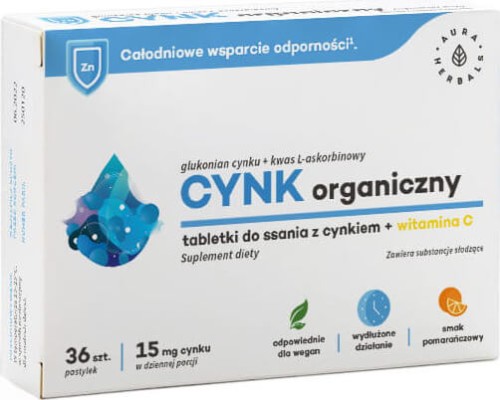 Organisch zink 15 mg Zinkgluconaat + L-ascorbinezuur 36 zuigtabletten Aura Herbals
