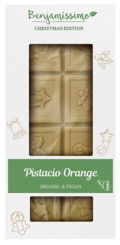 Kerst vegan witte chocolade met pistache en sinaasappelsmaak BIO 60 g Biobenjamin