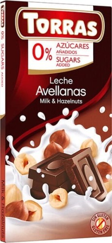 Melkchocolade met hazelnoten Leche Avellanas Melk & Hazelnoten 0% suiker glutenvrij 75 g Torras