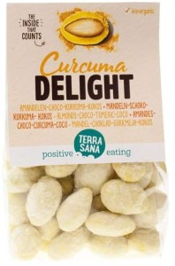 ALMONDS IN WHITE CHOCOLATE, CURCUM AND COCONUT BIO 150 g - TERRASANA