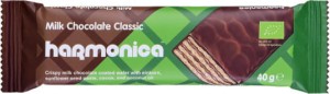 WAFELEK Z KREMEM MLECZNO  KAKAOWYM W POLEWIE Z MLECZNEJ CZEKOLADY BIO 40 g  HARMONICA