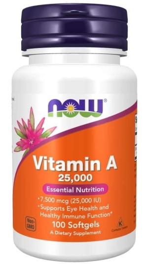 Witamina A 25000 IU 100 kapsułek NOW FOODS