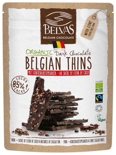 PIECES OF DARK CHOCOLATE 85% WITH CRUSHED COCOA BEANS GLUTEN-FREE FAIR TRADE BIO 120 g - BELVAS