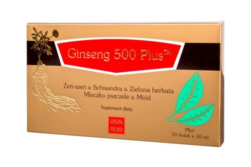 Ginseng 500 PLUS Żeńszeń + Schisandra + Zielona herbata + Mleczko pszczele + Miód 10x10ml (fiolki) GINSENG POLAND