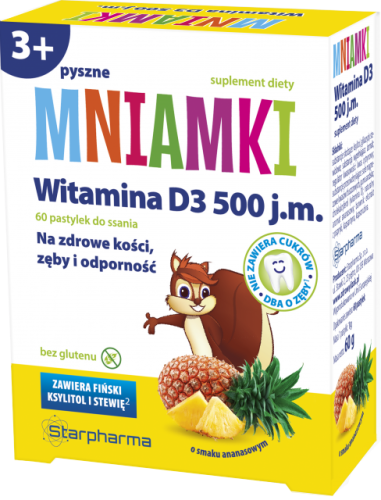Mniamki Witamina D3 500 j.m., 60 pastylek do ssania o smaku ananasowym STARPHARMA
