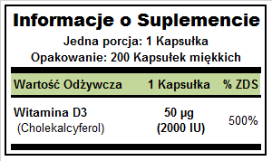 Witamina D3 2000 UI D-3 200 kapsułek Puritan's Pride