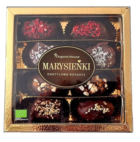 MEDJOOL-DATELN MIT DUNKLER SCHOKOLADE ÜBERZOGEN MIT FÜLLUNG UND AUFSTRICH GLUTENFREI BIO 210 g - BIOLOGISCHE (MARYSIEŃKI)
