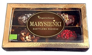 MEDJOOL-DATELN MIT DUNKLER SCHOKOLADE ÜBERZOGEN MIT FÜLLUNG UND AUFSTRICH GLUTENFREI BIO 120 g - BIOLOGISCHE (MARYSIEŃKI)