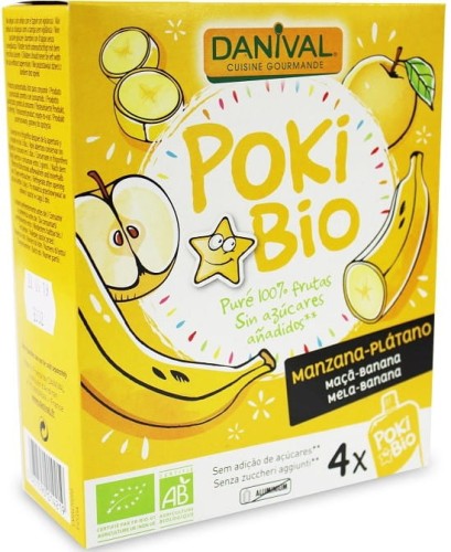POKI -PURÉE DE POMME-BANANE 100% FRUITS SANS SUCRES AJOUTÉS BIO 4x90 g - DANIVAL